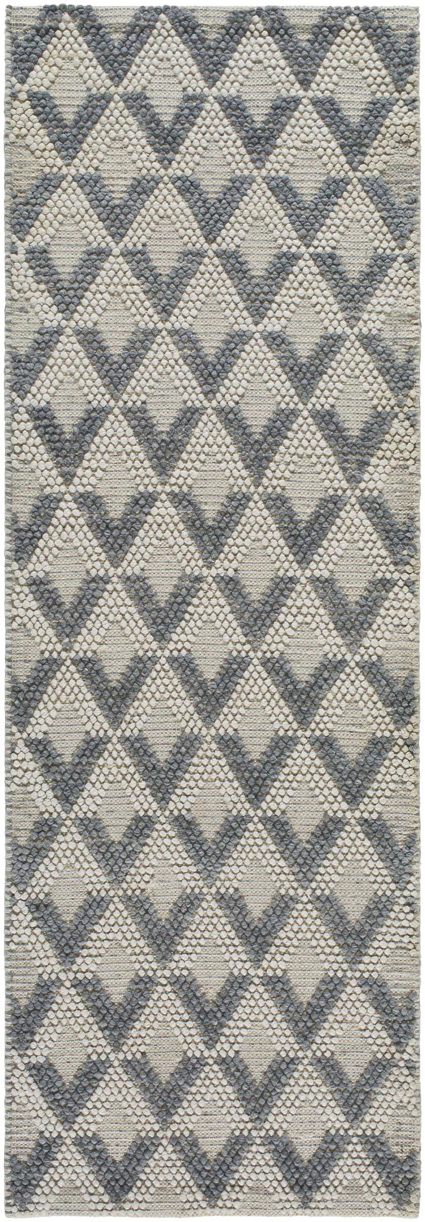 Close-up of the Maik Area Rug. Hand-woven geometric design in dark gray and light gray recycled PET yarn. Farmhouse style. Design-Runner-268