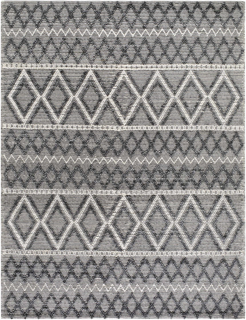 Close-up of the Yuka Area Rug. Dark gray and natural gray geometric diamond pattern, hand woven texture. Design-Rectangle-810