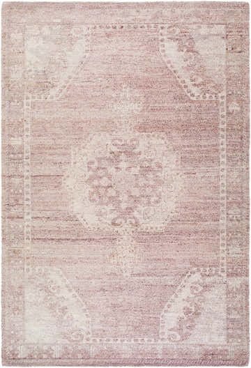 Close-up of the Alafin Area Rug. Hand-tufted polyester rug in blush, cream, dusty rose, and mauve with a traditional design. Design-Rectangle-576