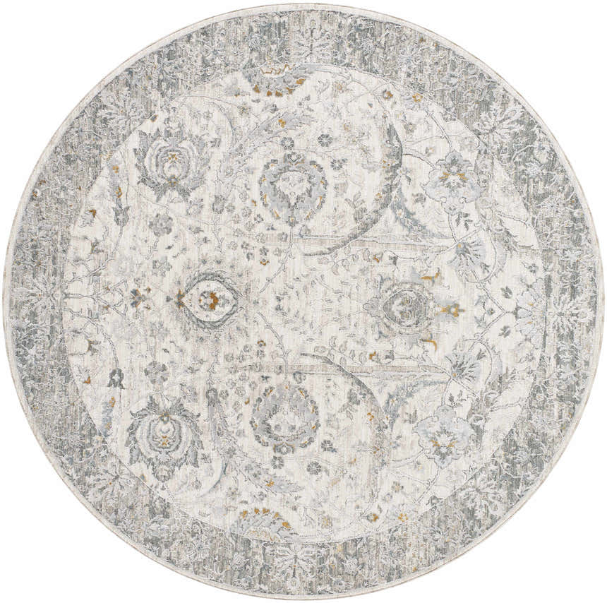 Close-up of round Gauge Cream & Gray Blue Rug. Features traditional floral pattern in cream, gray, and blue hues. Design-Round-67