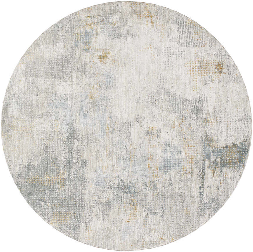 Close-up of round Gryta Textured Rug. Contemporary design with gray, light gray, and gold abstract pattern. Design-Round-67