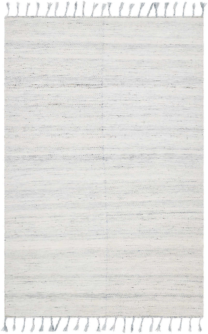 Close-up of the Anaya Beige & Blue Area Rug, hand woven with a subtle striped pattern and fringe. Neutral tones. Design-Rectangle-576
