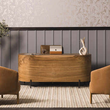 Home office scene with Laleh Cream & Black Area Rug, wood desk, tan leather chairs, and floral wallpaper. Roomscene-Rectangle