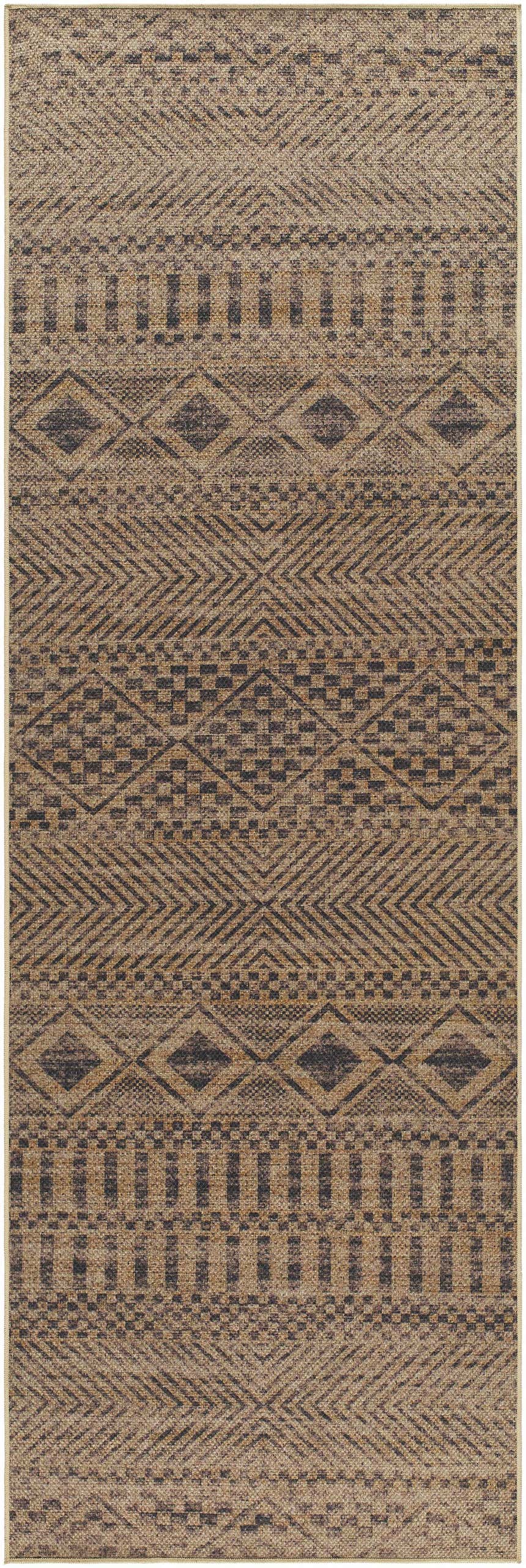 Close-up of the Ammar Washable Area Rug. Farmhouse style rug in camel, light brown, and dark brown with geometric patterns. Design-Runner-268