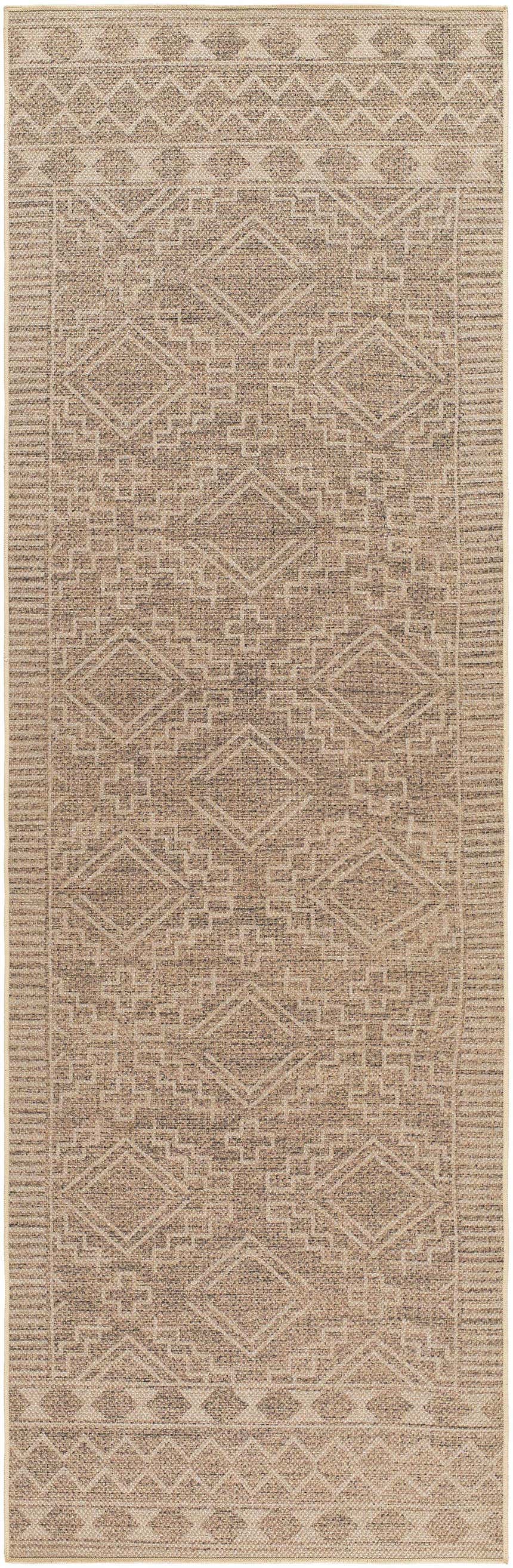 Close-up of Halle Beige Washable Area Rug. Farmhouse style rug with diamond and geometric pattern in beige, brown, and gray tones. Design-Runner-268