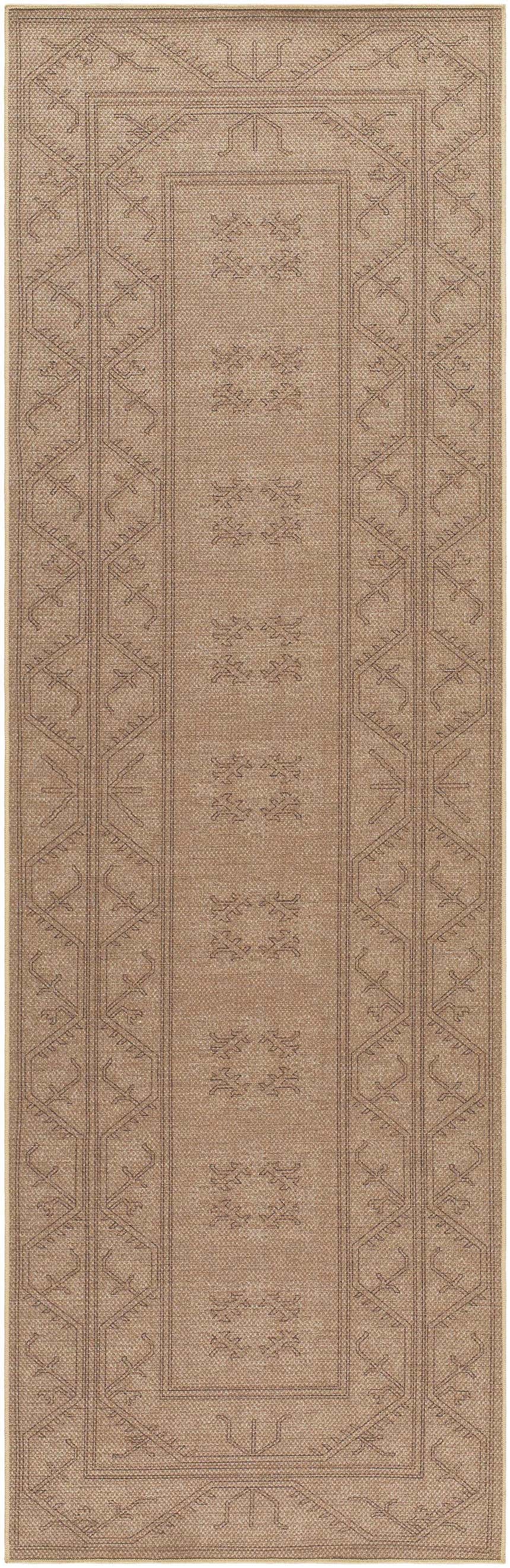 Close-up of the Naja Washable Area Rug in tan. Farmhouse style rug with traditional geometric patterns and a woven texture. Design-Runner-268