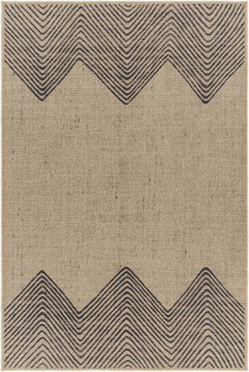 Close-up of the Suzy Washable Jutely Rug in natural jute with a charcoal geometric chevron pattern. Design-Rectangle-58