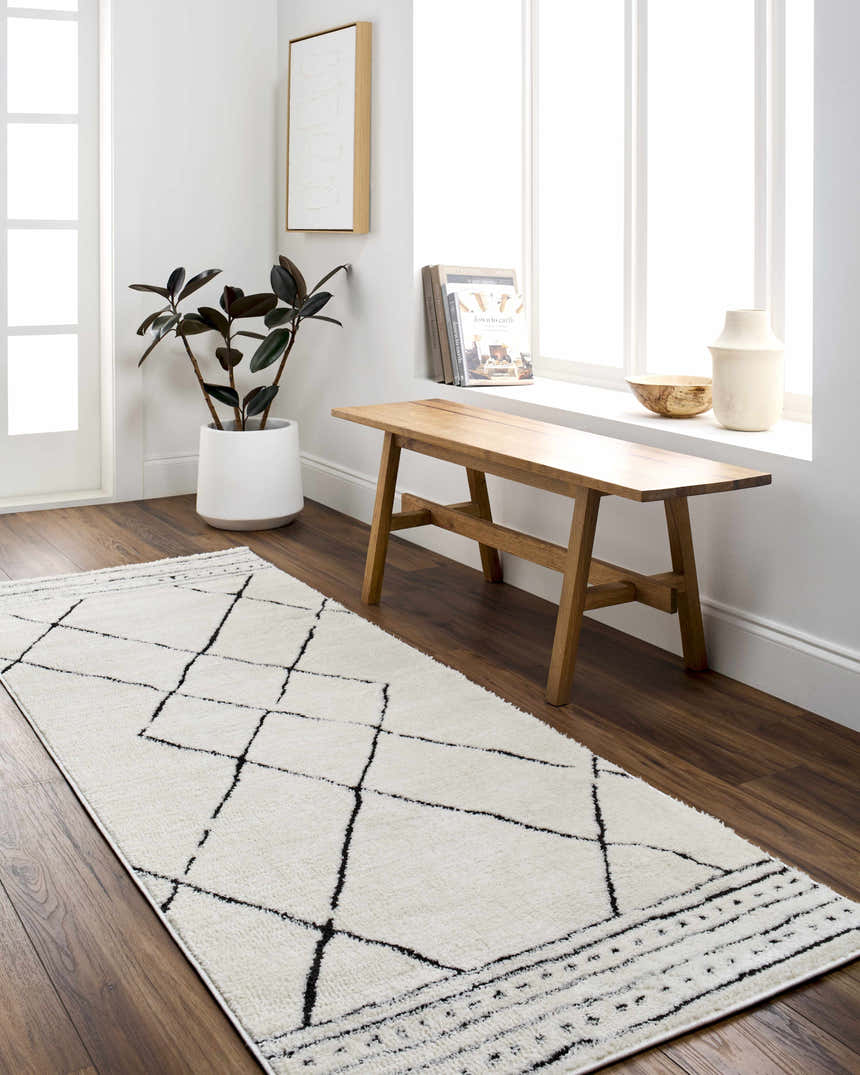 Entryway with Keone Black & White rug runner, wood bench, plant, and decor by window. Farmhouse style. Roomscene-Runner