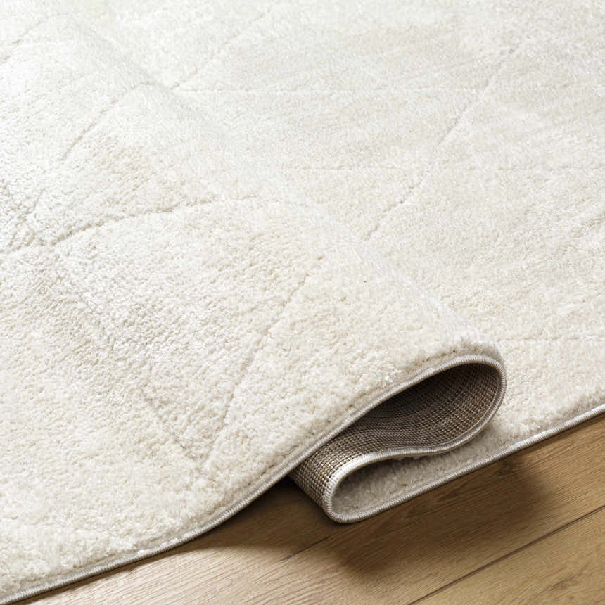 Close-up of the ivory Keone Area Rug showing its plush texture and geometric pattern on a wood floor. Fold