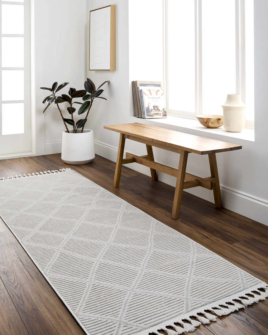 Entryway with a beige Lova Area Rug runner, geometric pattern, wood bench, and plant. Roomscene-Runner