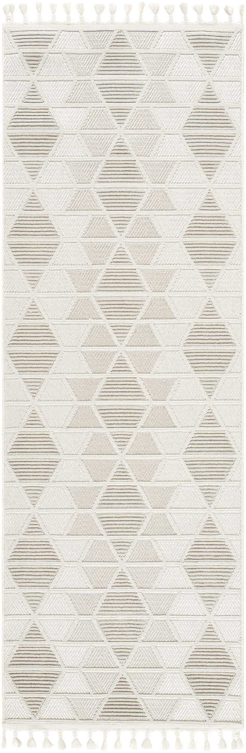 Close-up of the Tova Area Rug. Beige, bone, and gray geometric pattern with tassels. Farmhouse style. Design-Runner-2773