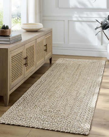 Entryway with light wood floors and Elkie Area Rug runner in lambswool color, styled with a console table. Roomscene-Runner