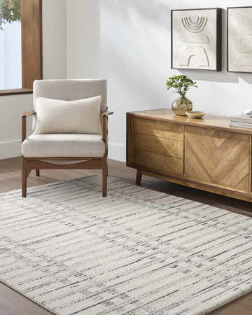 Living room scene with a Sammy Luxe Rug, beige chair, and wooden console table. Roomscene-Rectangle