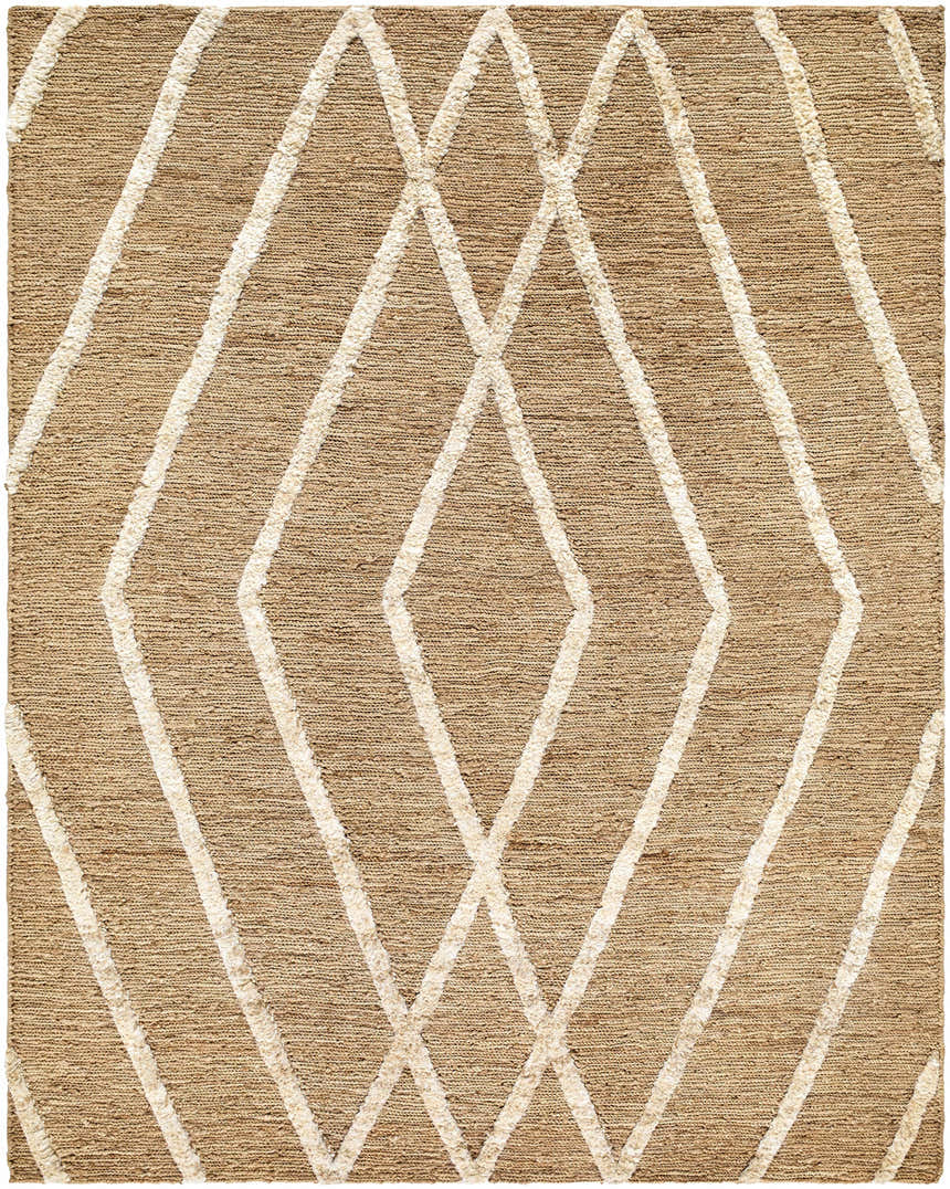 Close-up of Allie Textured Jute Rug showing woven texture and off-white diamond pattern on camel jute. Farmhouse style. Design-Rectangle-810