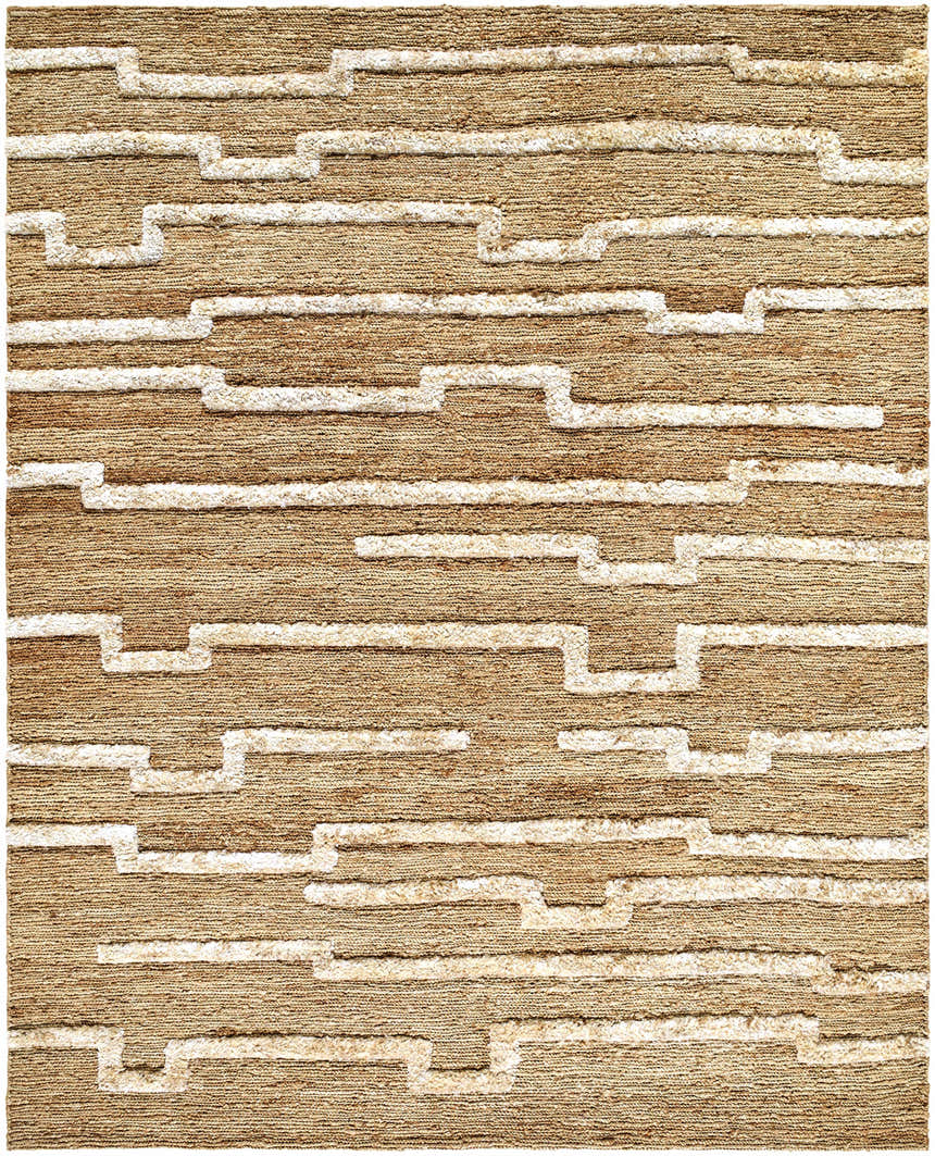 Close-up of the hand-woven Miya Area Rug. Jute rug with a beige background and a geometric pattern in cream. Design-Rectangle-810