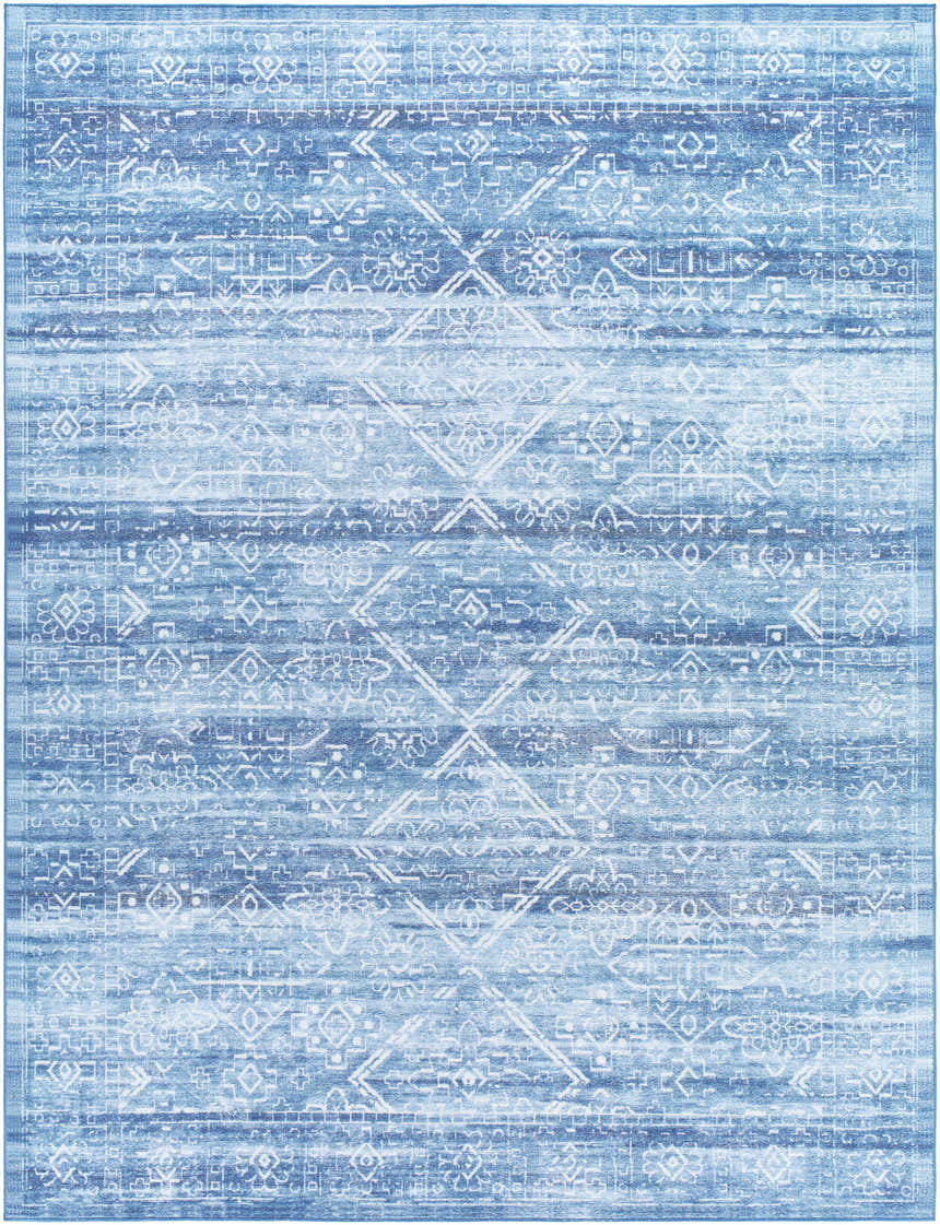 Close-up of the Blake Arctic Sky Washable Area Rug. Features a traditional, faded blue and white geometric pattern. Design-Rectangle-710106