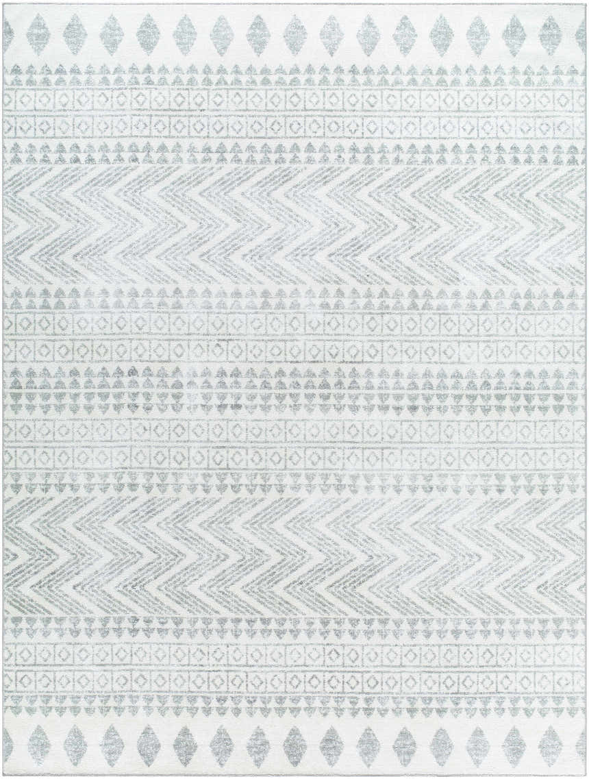 Close-up of the Danon Washable Area Rug in arctic stone and gray, featuring a farmhouse-style geometric pattern. Design-Rectangle-710106