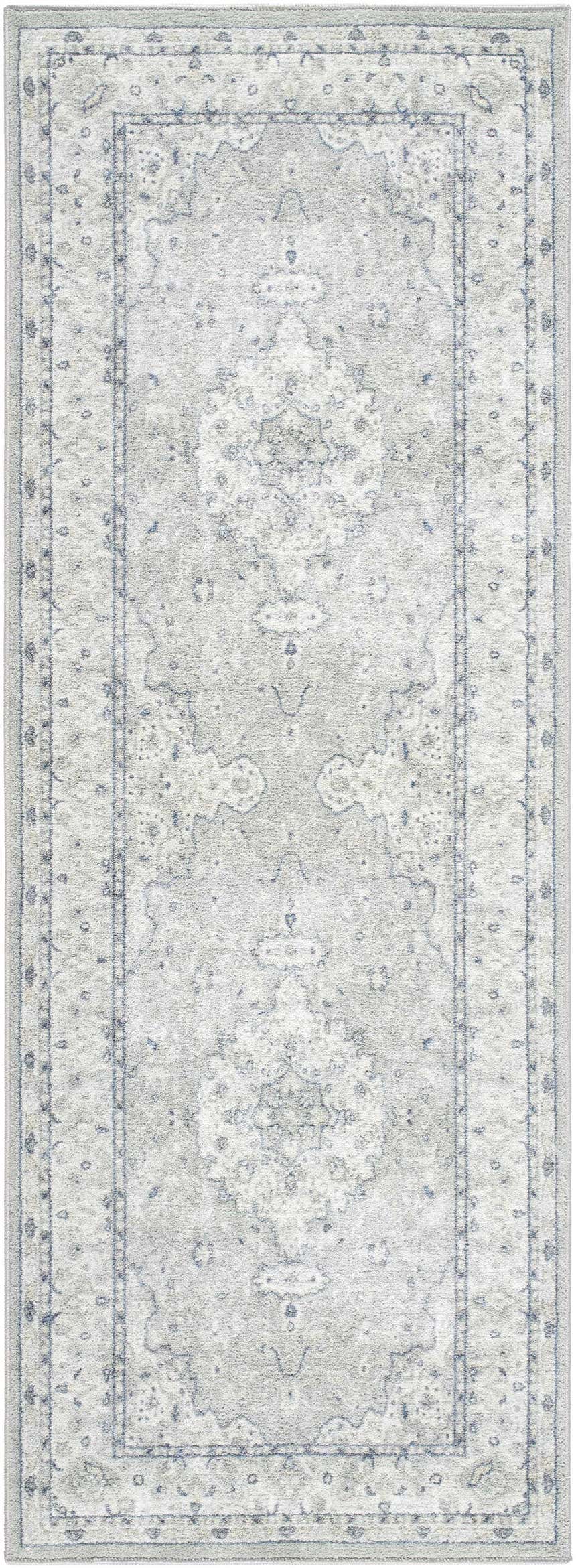 Close-up of the Farai Gray Medallion Area Rug, showcasing its traditional pattern and soft gray, light gray, and blue hues. Design-Runner-2773