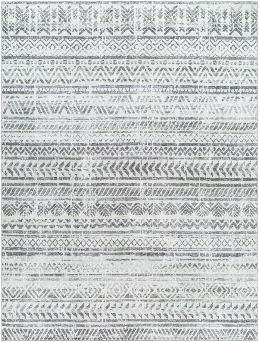 Close-up of the Ianna Light Gray Washable Area Rug. Farmhouse style rug with geometric, tribal-inspired patterns in gray and white. Design-Rectangle-710106