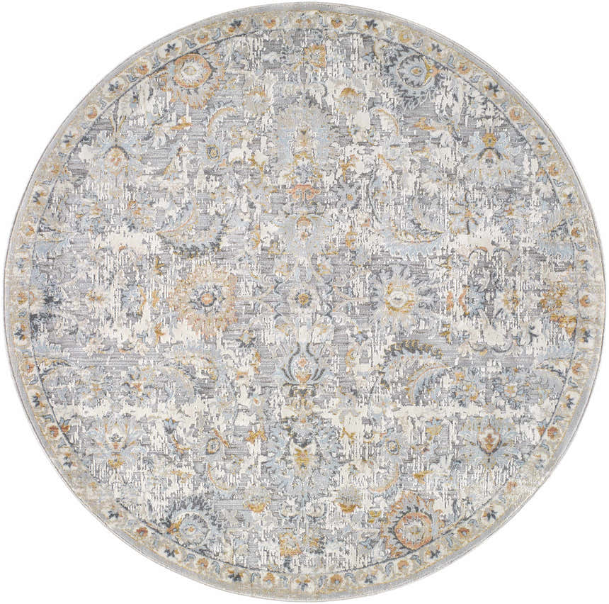 Detailed round Atara Area Rug in cloud gray, light gray, and nutmeg with a traditional, distressed pattern. Design-Round-53