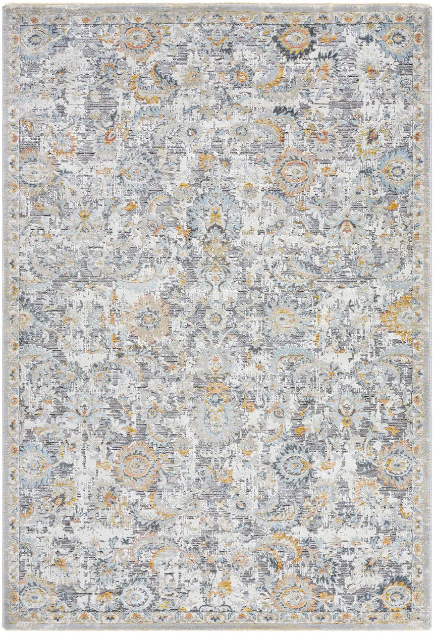 Close-up of the Atara Area Rug in cloud gray, dark brown, and nutmeg. Traditional style with floral pattern. Design-Rectangle-575