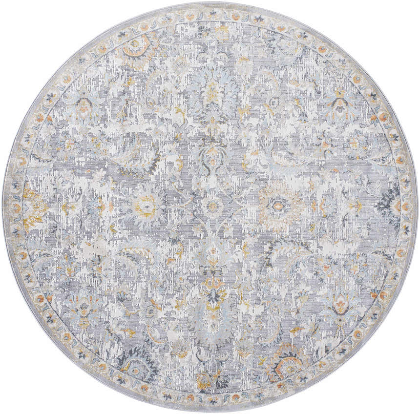 Close-up of round Atara Area Rug in cloud gray, light gray, and nutmeg with a traditional floral pattern. Design-Round-67
