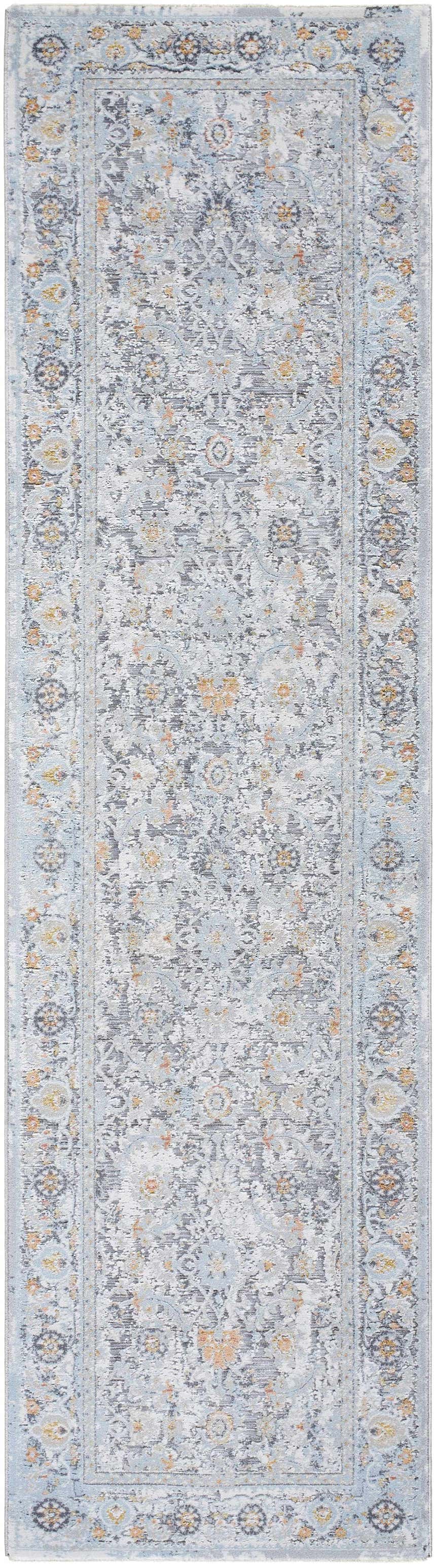 Close-up of the Finn Silver Blue Area Rug featuring a traditional floral pattern in silver, gray, and nutmeg tones. Design-Runner-2710