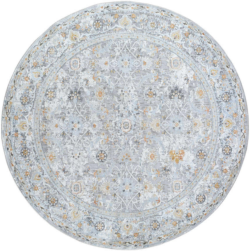 Round Finn Silver Blue Area Rug with a traditional floral pattern in silver, gray, blue, and nutmeg tones. Design-Round-67