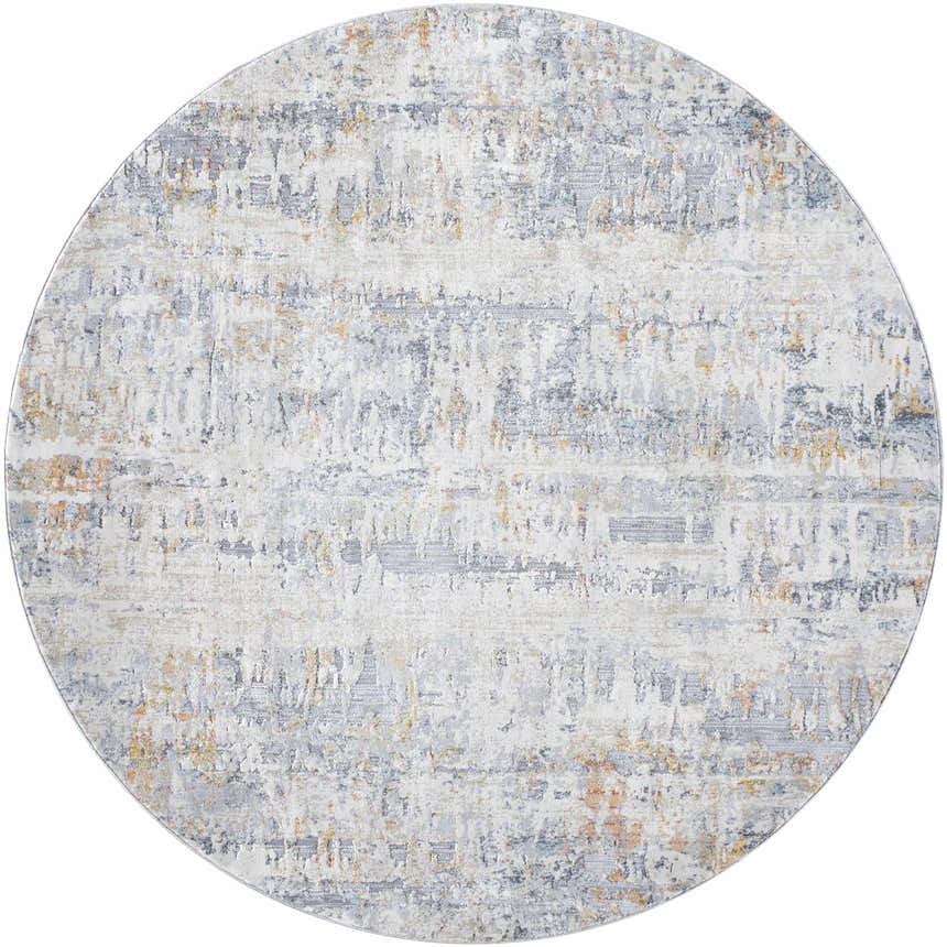 Round Guoda Area Rug - Clearance, featuring a contemporary abstract design in driftwood, gray, and nutmeg tones. Design-Round-67