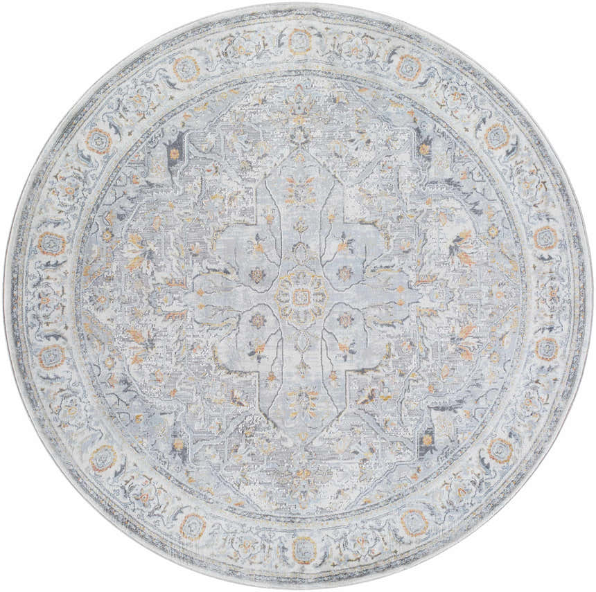 Detailed round Hewez Area Rug in cloud gray, dark gray, and nutmeg with a traditional, floral-inspired medallion pattern. Design-Round-67
