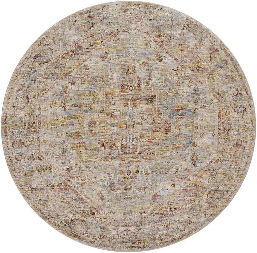 Close-up of round Alois Rust rug. Traditional design in bone, dark brown, driftwood, and light beige. Rich, textured detail. Design-Round-67