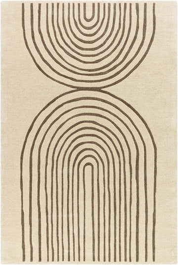 Close-up of the Fuat Beige Area Rug, featuring a modern, geometric design with brick red and pearl semi-circle patterns. Design-Rectangle