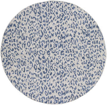 Close-up of a round Skipsea Blue Leopard Performance Rug, featuring a blue animal print pattern on a light gray background. Design-Round-53