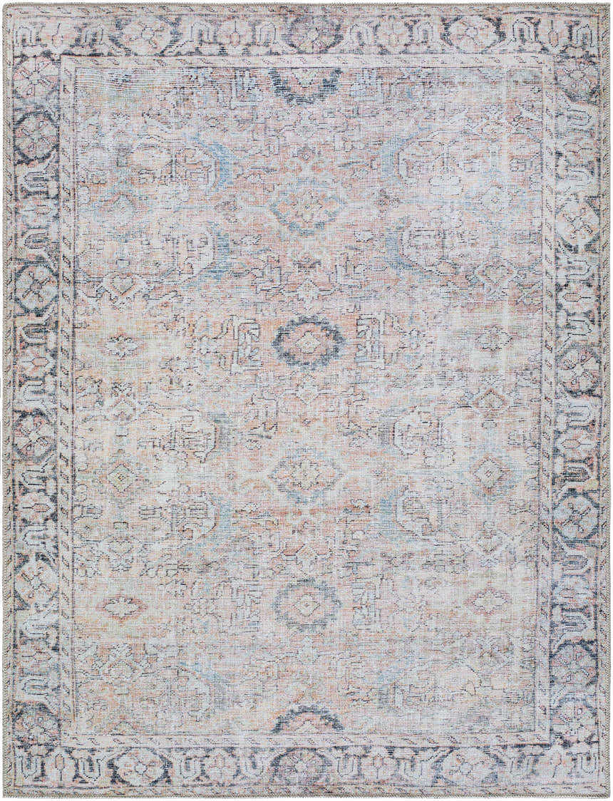 Close-up of the Giona Washable Area Rug with a vintage Persian design in blue, charcoal, pastel red, and light green. Design-Rectangle-537