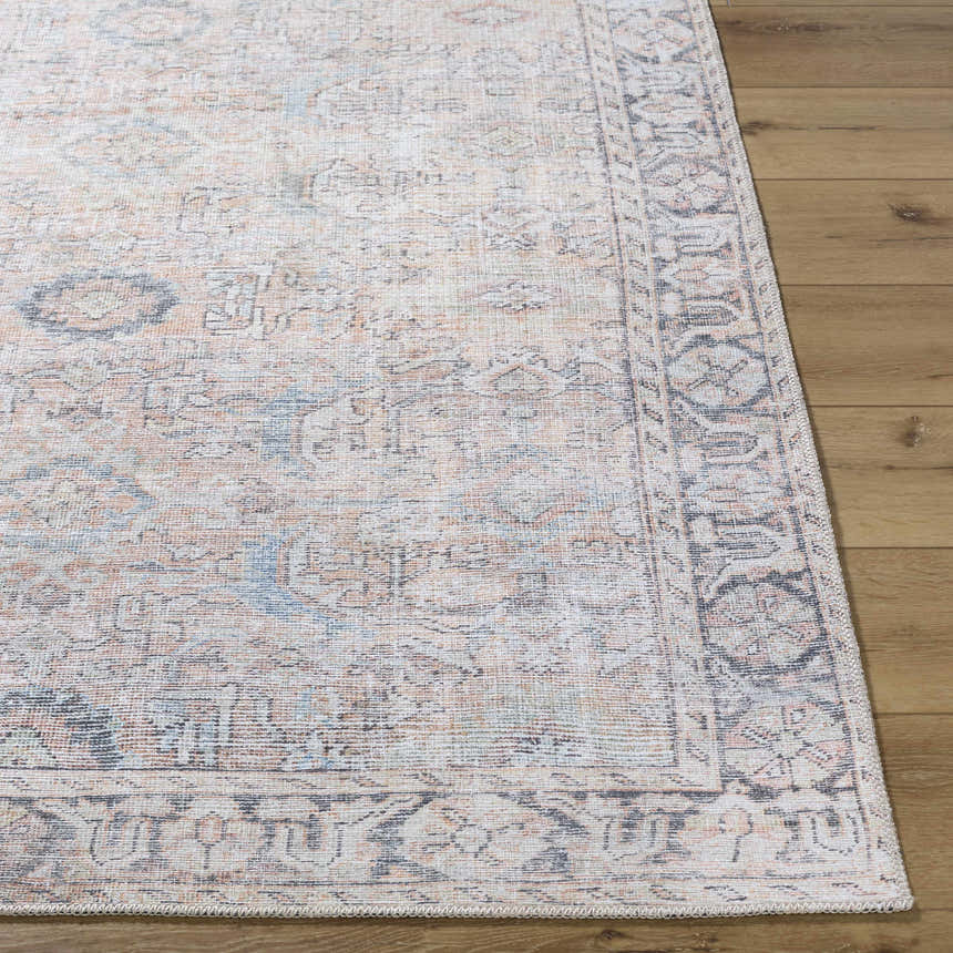 Close-up of the Giona Washable Area Rug showing a vintage Persian pattern in blue, charcoal, and pastel red on wood floor. Front