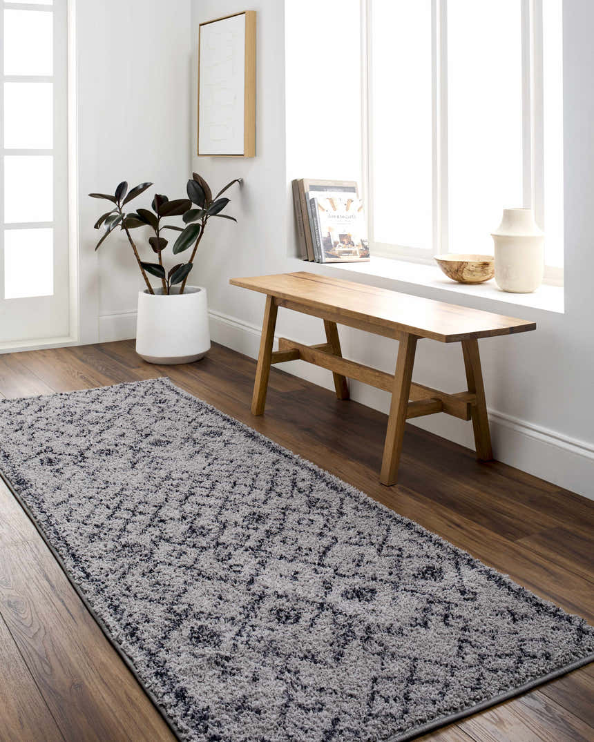 Bright entryway with Elyes Gray Washable Area Rug runner, wood bench, plant, and natural light. Farmhouse style. Roomscene-Runner