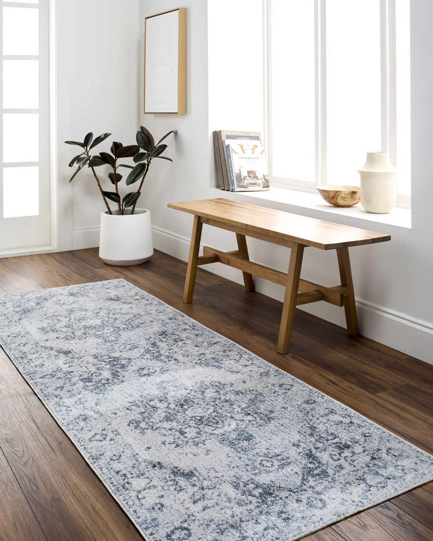 Entryway with Ankti Aqua Washable Area Rug runner, wood bench, plant, and decor for a traditional farmhouse style. Roomscene-Runner