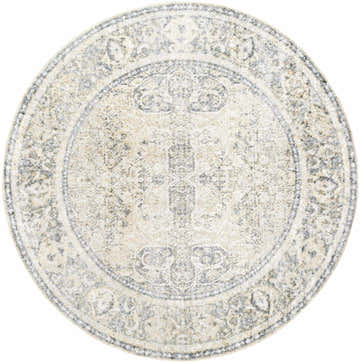 Close-up of round Arias Boutique Washable Rug in beige and gray with a vintage Persian-style design. Soft polyester texture. Design-Round-67
