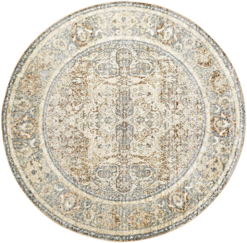 Round Arias Blue Boutique Washable Rug with a traditional, faded driftwood pattern in beige, brown, and gray tones. Design-Round-67