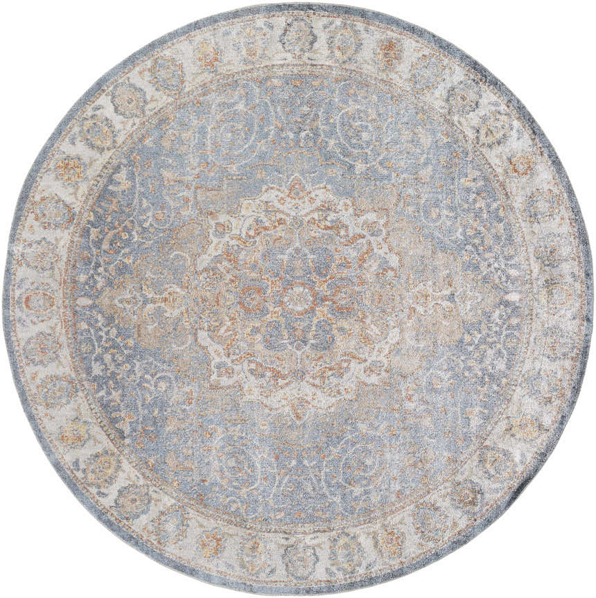 Close-up of round Aurum Blue & Beige Washable Area Rug. Traditional style rug with blue, beige, and rust floral pattern. Design-Round-67