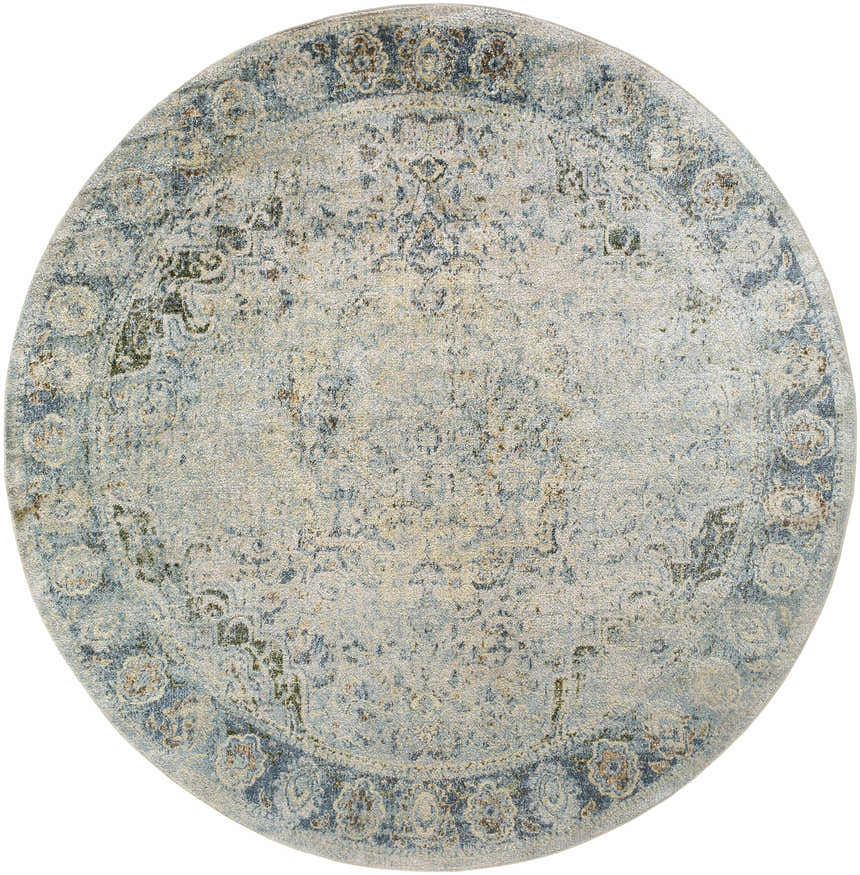 Close-up of round Aurum Beige Washable Area Rug. Farmhouse style with beige, blue, and green traditional pattern. Design-Round-67
