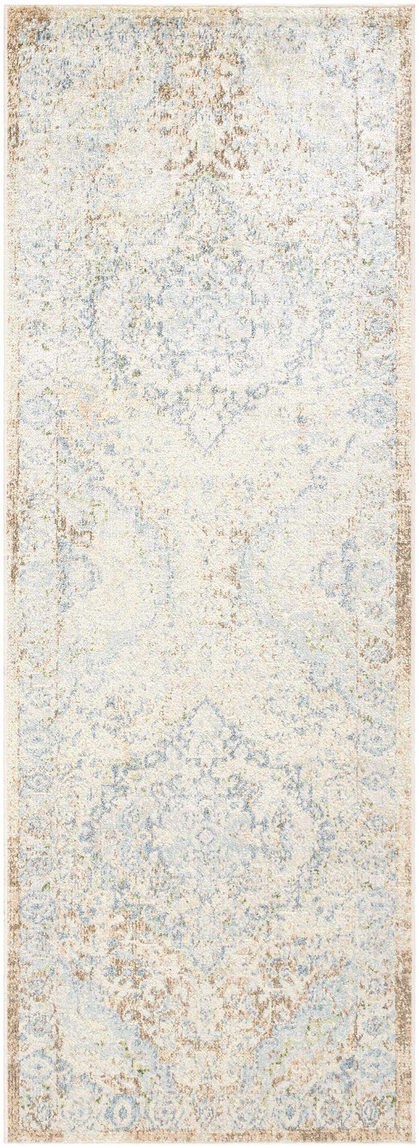 Close-up of Aurum Blue Washable Area Rug, a traditional rug with beige, blue, and light brown distressed pattern. Design-Runner-2773