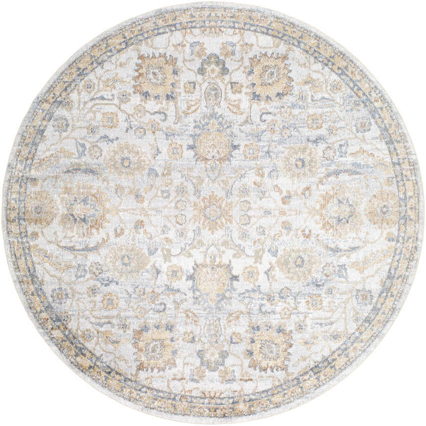 Close-up of a round Dion Washable Floral Rug. Features a traditional floral pattern in driftwood, gray, and lambswool hues. Design-Round-67