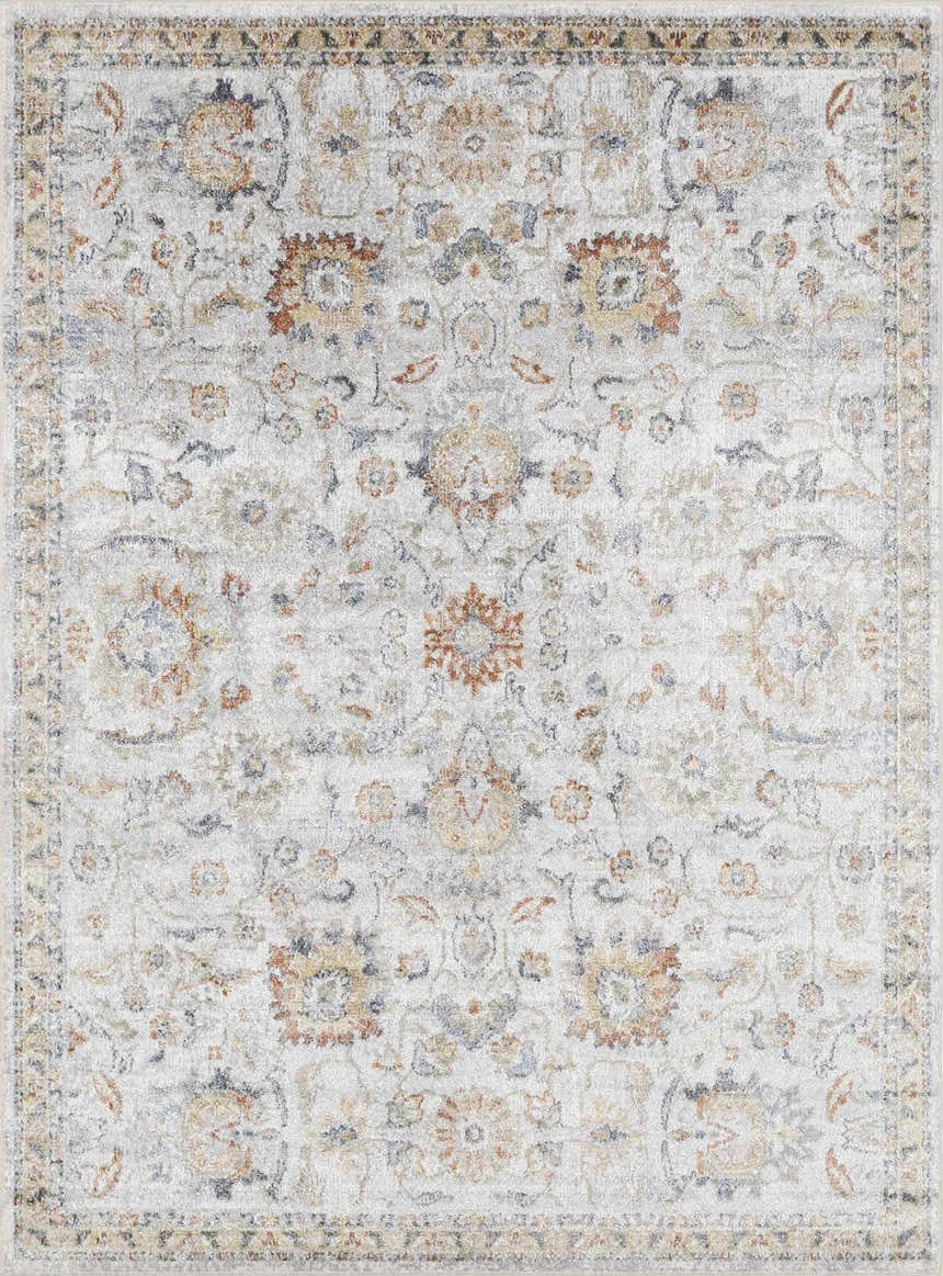 Close-up of the Dion Washable Floral Rug. Farmhouse style rug in driftwood, dark beige, and charcoal colors. Machine woven texture. Design-Rectangle