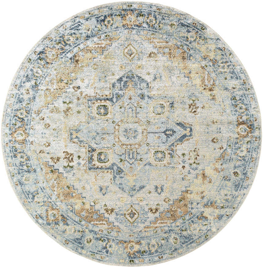Close-up of a round Ezri Washable Area Rug. Beige, light blue, and orange farmhouse-style rug with traditional medallion pattern. Design-Round-67