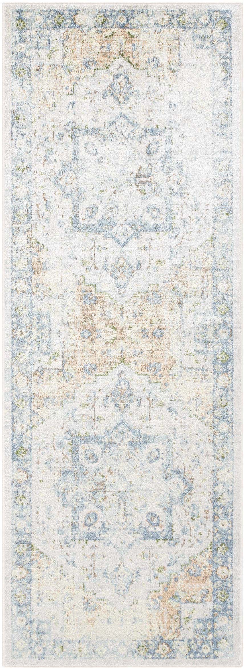 Close-up of the Neta Orange & Light Blue Washable Area Rug, showcasing its traditional beige, orange, and blue pattern. Design-Runner-2773