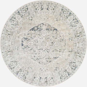 Round Rudo Flat Pile Washable Rug with a vintage Oriental design in blue, gray, and nutmeg hues. Design-Round-67