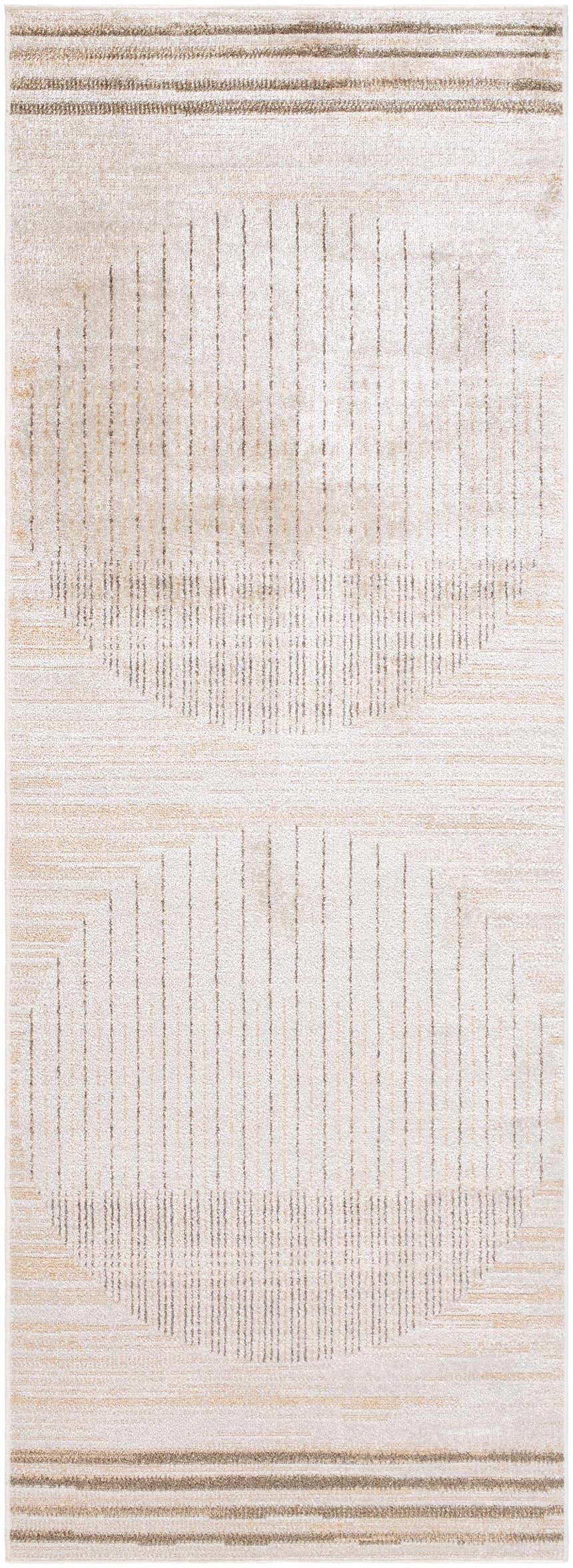 Close-up of the Thad Beige Washable Area Rug featuring a contemporary striped and geometric pattern in neutral beige and brown tones. Design-Runner-2773