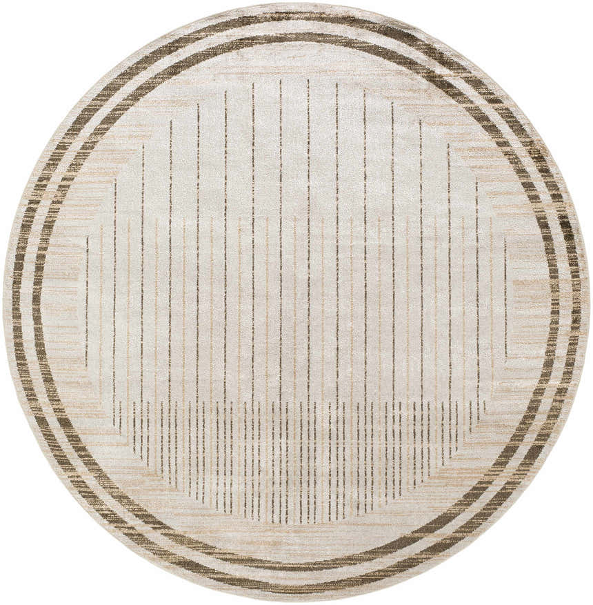 Close-up of a round Thad Beige Washable Area Rug with a contemporary beige and brown striped pattern. Design-Round-67