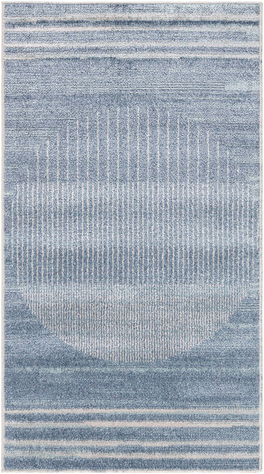 Close-up of Thad Blue Washable Area Rug. Features a blue and off-white contemporary striped and circular design. Design-Rectangle-2339